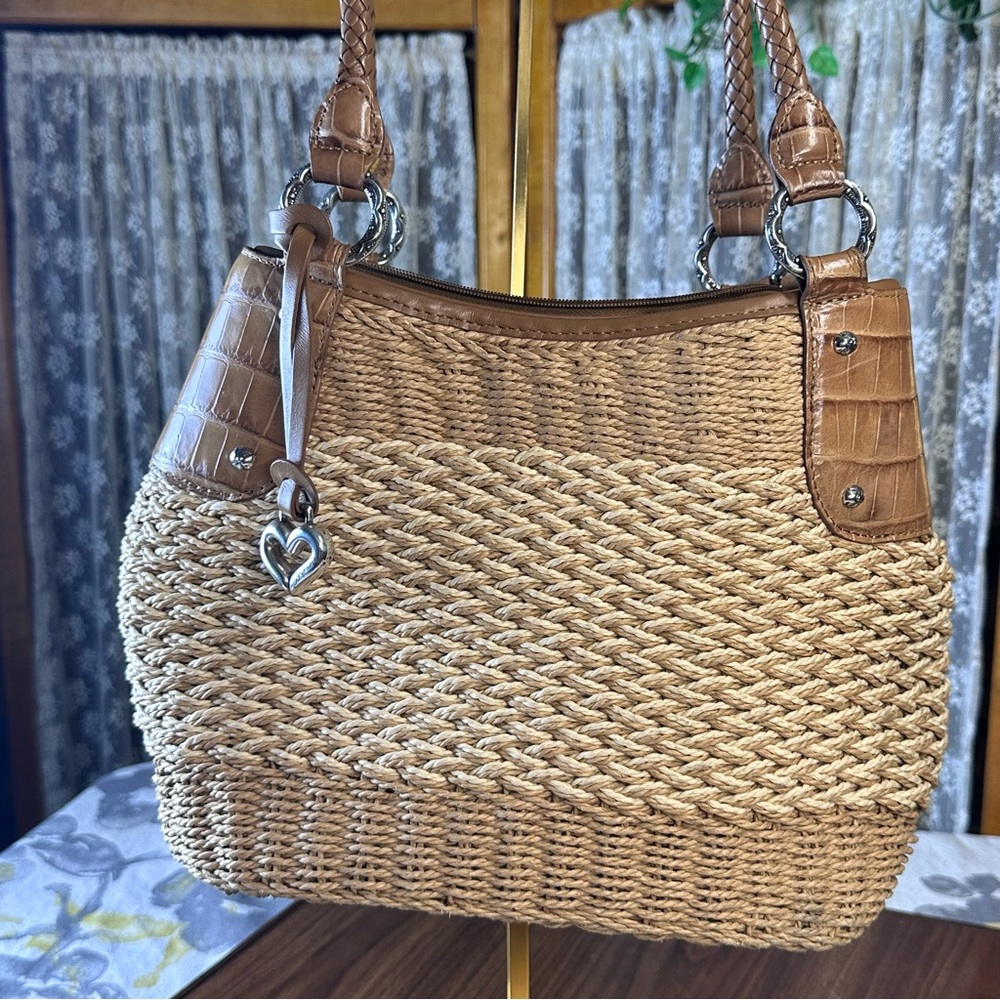 Brighton Natural Woven Wicker Straw Shoulder Bag with Leather Straps